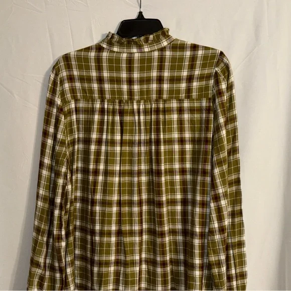 NWT LOFT Olive Plaid Long Sleeve Ruffled Blouse Size Large - Picture 6 of 9
